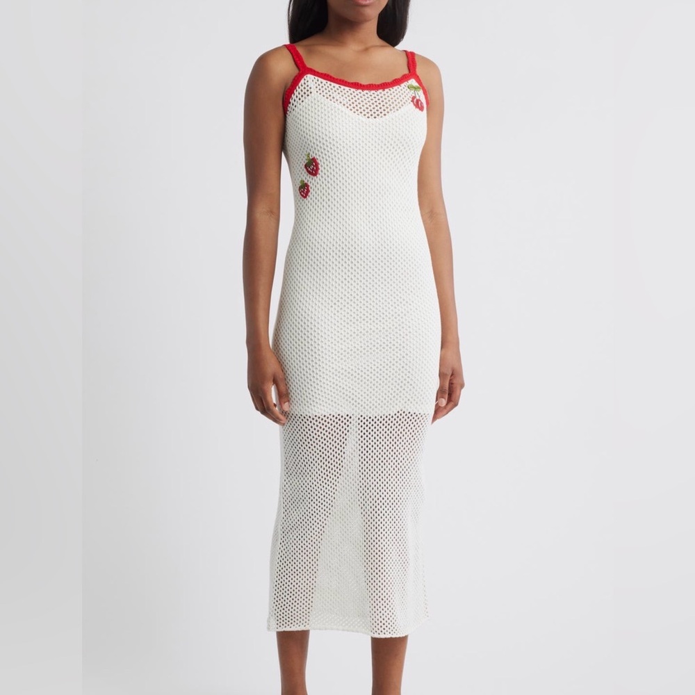 Crochet White Midi Dress Cover Up with Strawberry Embroidery